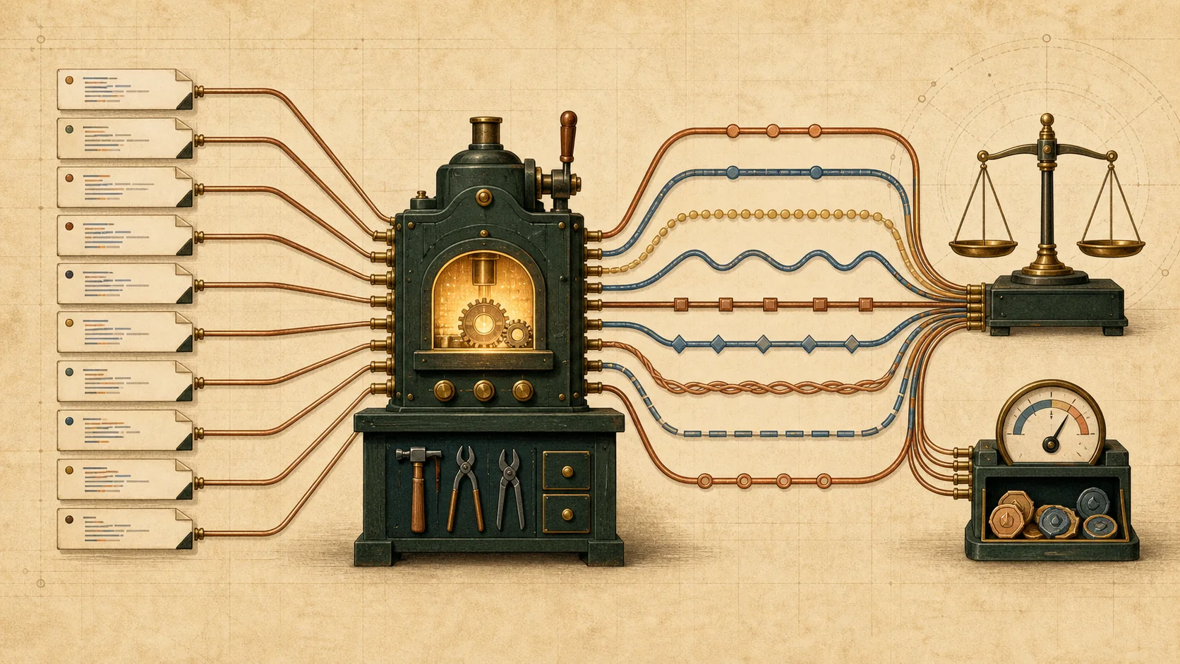 Ten Python task cards entering a forge-like benchmark machine and flowing through nine evaluation paths toward cost and correctness instruments